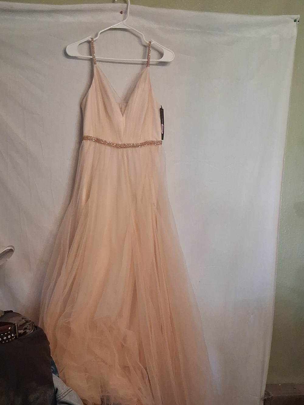 Elegant Blush Tulle A-Line Dress with Beaded Waist Size 6